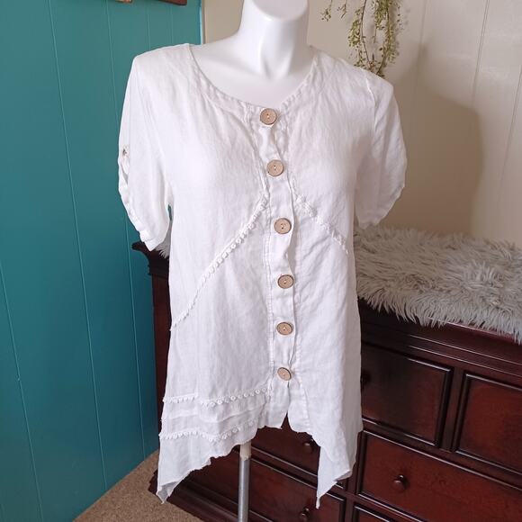 LOLA White Anthropologie LINEN Button Front Top Blouse Women's Made in Italy M/L - Picture 1 of 8